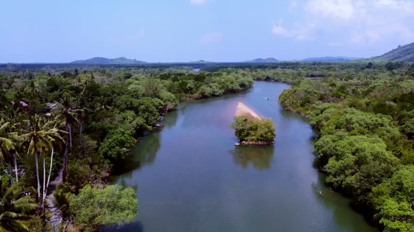 4K aerial drone footage flying straight and steady over a winding tropical river cutting through dense mangrove and palm forest in the Khao Sok region, Thailand, Asia. The drone moves forward directly above the water, revealing the river