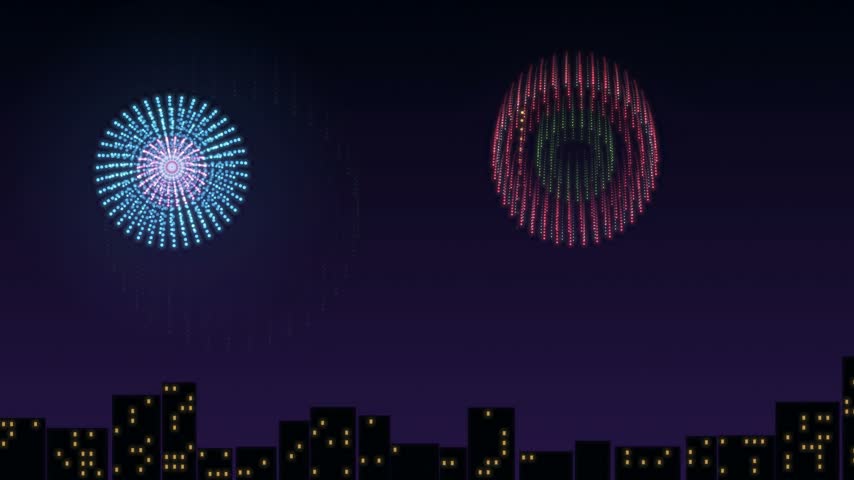 Colorful fireworks bursting over a city skyline at night, New Year celebration seamless loop