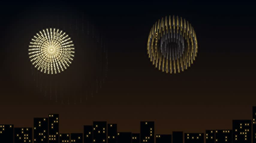 Golden fireworks bursting over a city skyline at night, luxury New Year celebration seamless loop