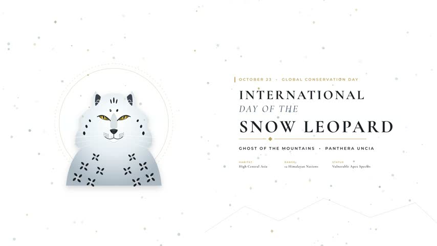 Animated motion graphic for International Day of the Snow Leopard featuring cute illustration and typography on white background.