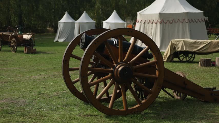 Old wooden cannon at medieval military camp