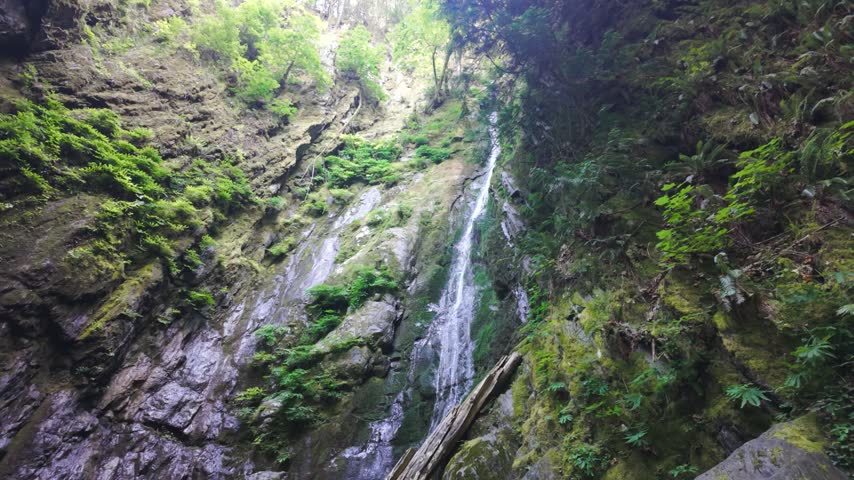 Scenic Waterfall Cascading Down Rugged Mossy Rock Canyon Wall