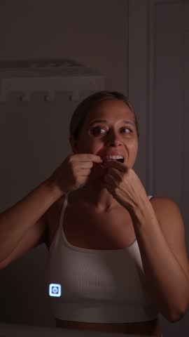 Young woman using dental floss in bathroom mirror, cleaning teeth carefully, oral hygiene routine, removing food between teeth and caring for gums at home