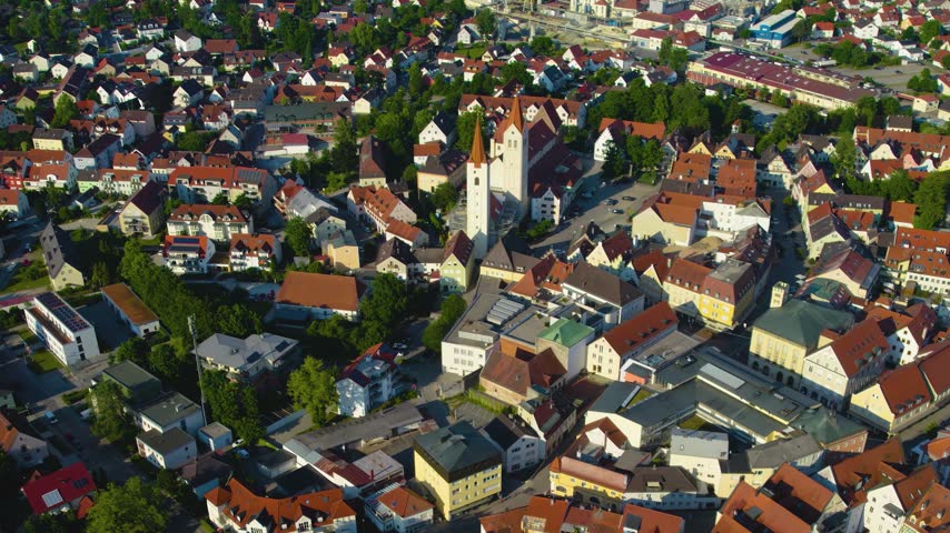 Aerial view around the old town of the city Moosburg in Germany Bavaria ,  on a sunny spring afternoon.