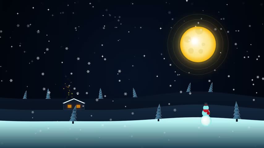 A peaceful winter night scene featuring a glowing full moon, falling snowflakes, a cozy house with warm lights, and a snowman in the foreground.