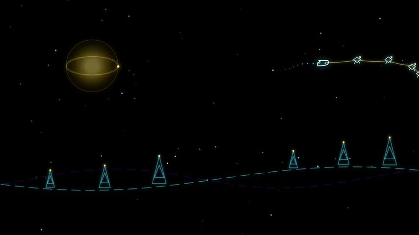 A conceptual digital illustration featuring glowing triangular towers on a wavy line, with a small craft traveling along a dotted path near a planet.
