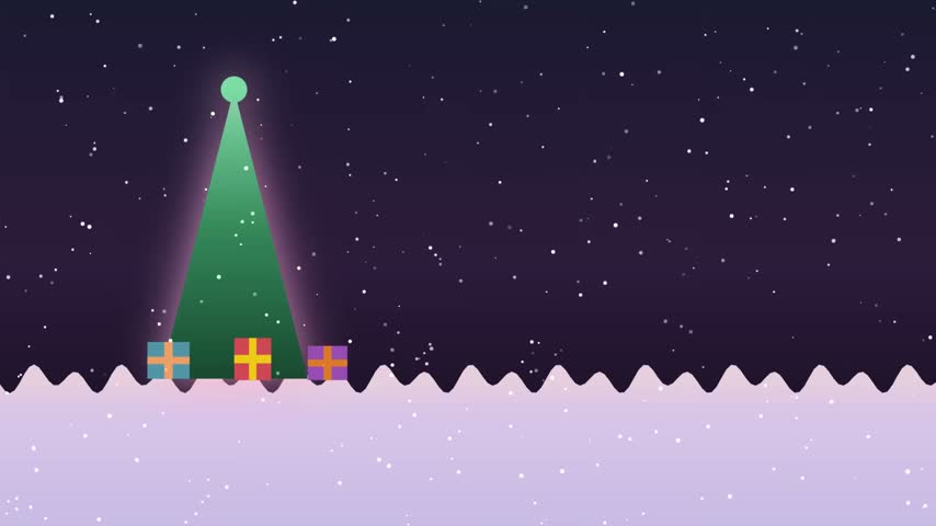 A simple green Christmas tree standing in a snowy field at night with colorful gift boxes under a starry sky with falling snow.