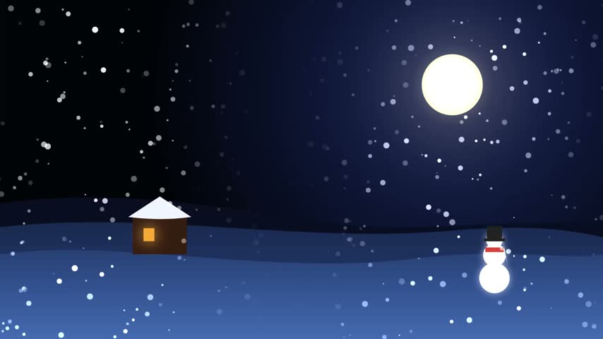 A peaceful winter night scene featuring a small cozy house with a glowing window and a snowman standing under a bright full moon.