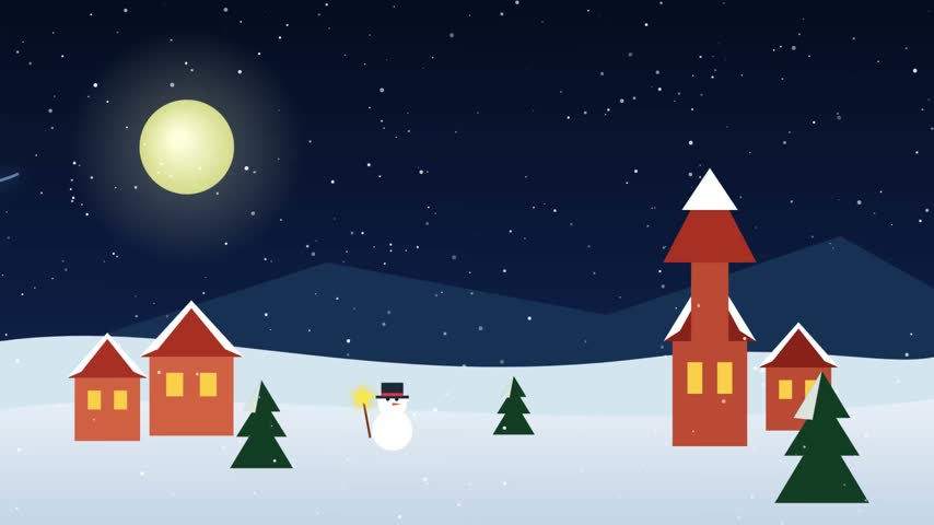 A charming winter village landscape with small houses, a snowman holding a star, and a bright full moon shining in the dark night sky.