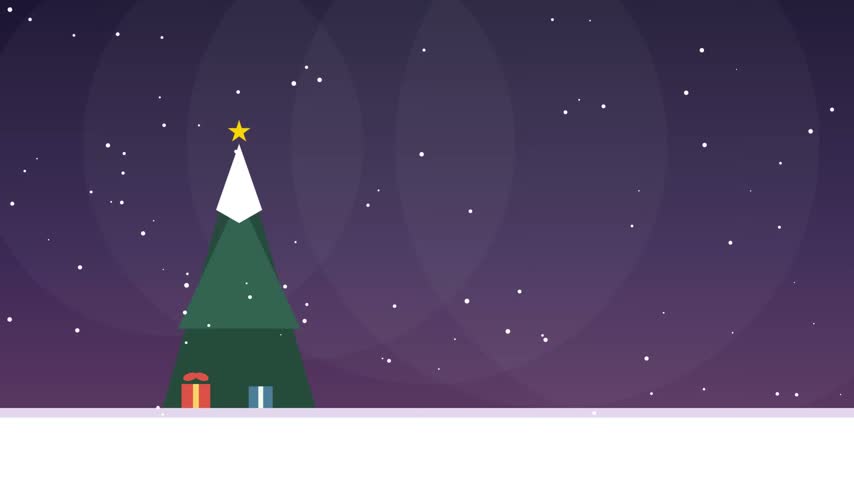 A flat vector illustration of a stylized Christmas tree with a star and gift boxes, set against a dark purple snowy night sky background.