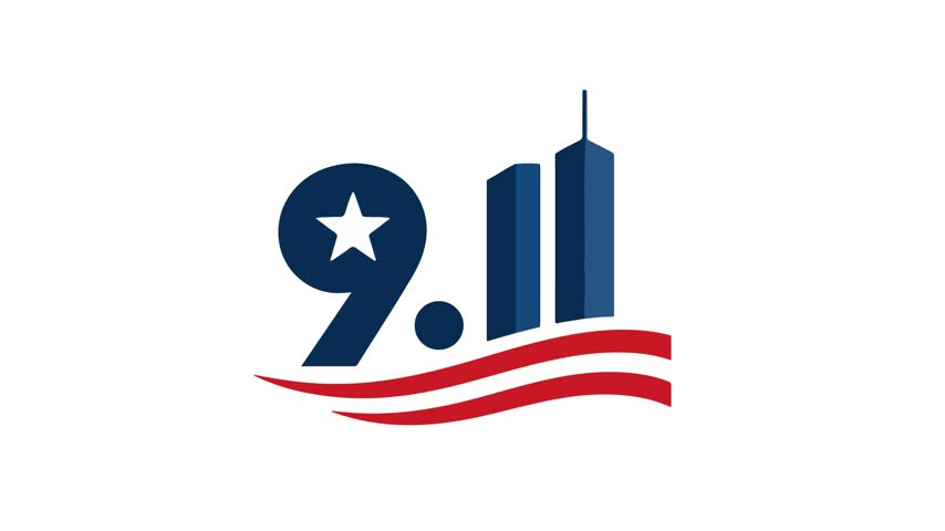 A patriotic graphic representing the 911 memorial, featuring the number 911, twin towers, and a stylized American flag.