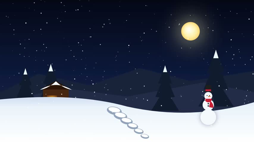 A peaceful winter night scene featuring a snowman, footprints in the snow, a small cabin, and a bright full moon in the starry sky.