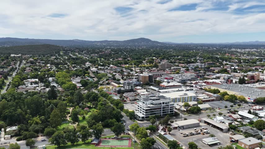 Albury downtown city aerial panorama on Murray river in NSW, Australia regional area.