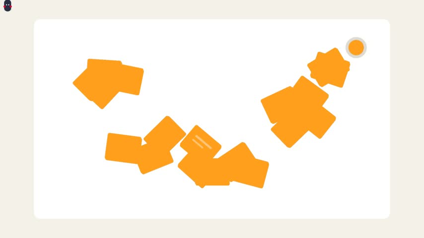A minimalist 2D vector game character navigates a maze of orange rectangular blocks on a clean white background ideal for UI overlays or motion graphics