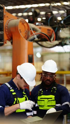 Real time: Vertical shot of a Latino engineer adjusting his hard hat as he and a Black supervisor bend over a laptop in front of an orange robotic arm; real people.