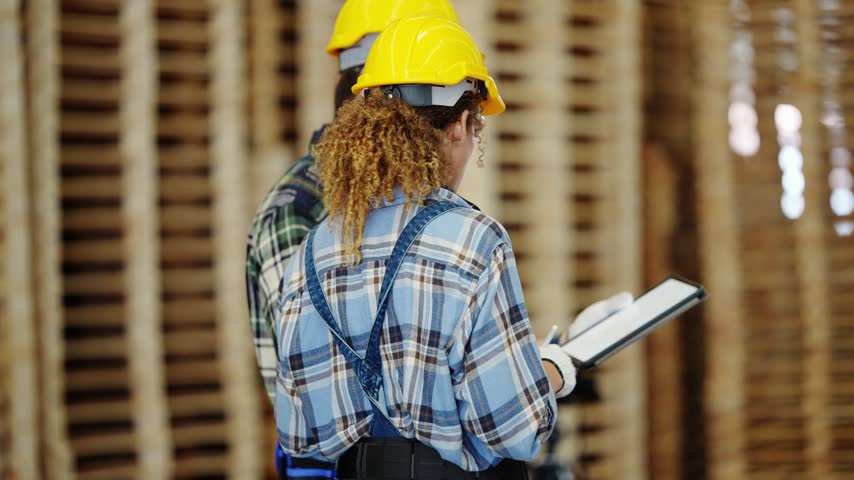 Two warehouse workers seen from behind check delivery details on a tablet, surrounded by out of focus wooden pallet stacks. Authentic industrial workforce footage.
