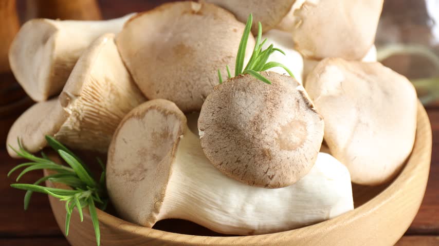 Woman with fresh oyster mushrooms and rosemary at wooden table, closeup