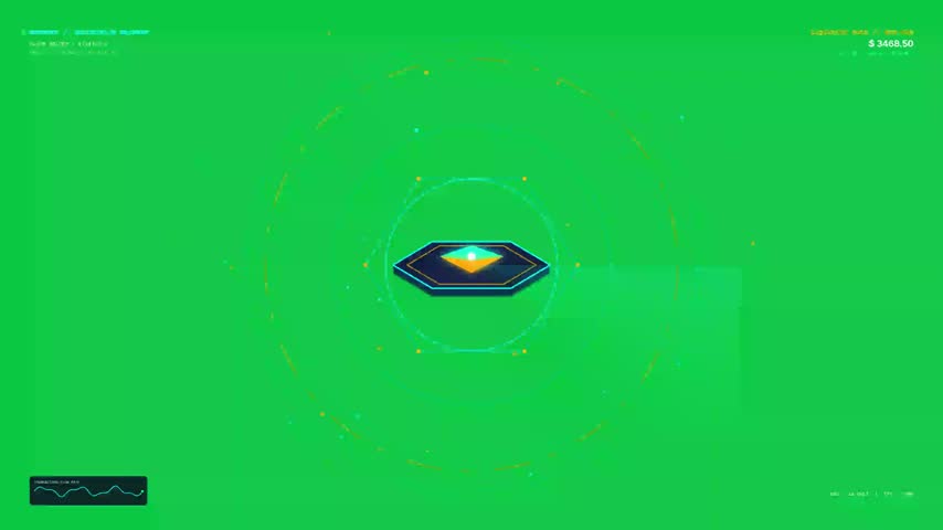 Abstract motion graphic animation of a blockchain network node, featuring digital financial data, liquidity pools, and transaction flow metrics on a green background.