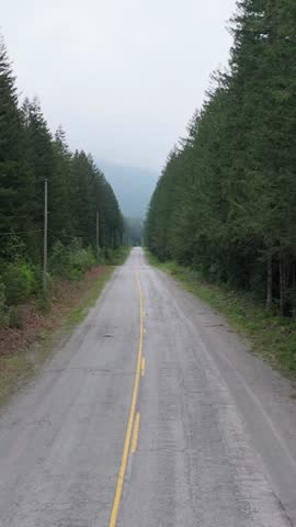 Long Straight Road Through Lush Evergreen Forest Leading to Misty British Columbia Mountains