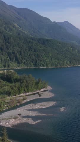 Aerial View of Harrison Lake, British Columbia, Canada, with Lush Forests and Majestic Mountains