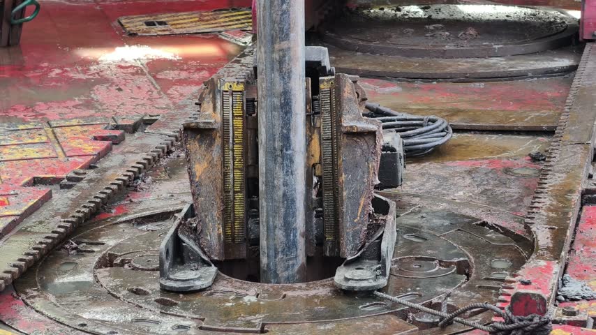 Drilling rig activity - Pull of of hole drill string with oil based mud on the rig floor. Trip out of hole.
