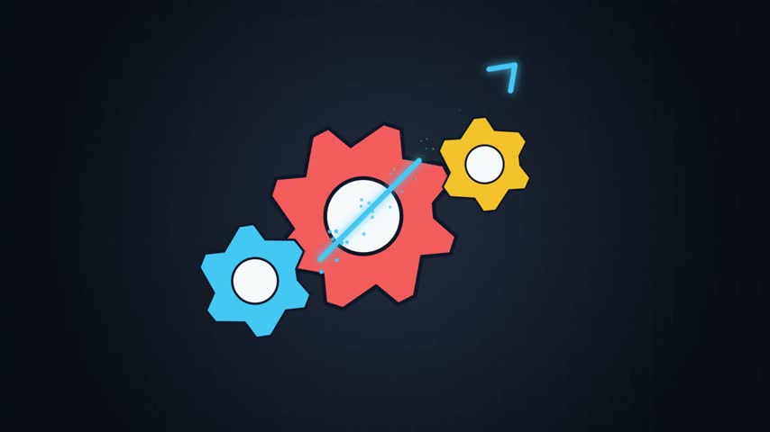 Flat vector illustration of colorful mechanical gears with an upward growth arrow symbolizing business development