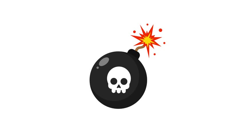 vector animated black round bomb featuring a white skull icon with a burning lit fuse against a white background