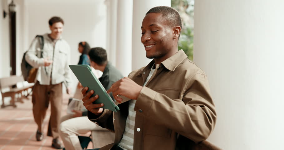 Scroll, student and happy man with tablet for education, academic information or college website. Campus, male person and smile for research with results, assessment or online for module project