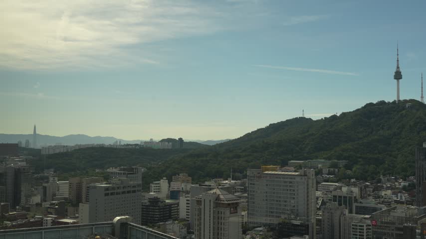 Panoramic Day View of Namsan Seoul Tower and Lotte World Tower from a Hotel