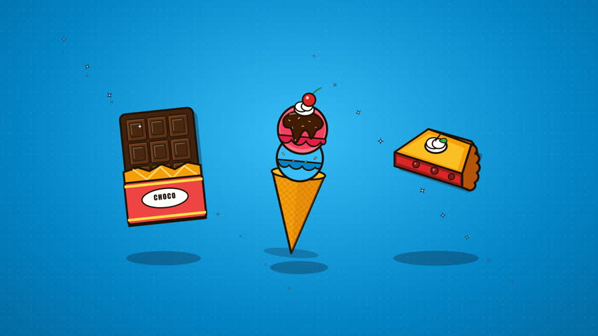 Cute Cartoon Desserts Chocolate Bar Ice Cream Cone and Cake Slice.