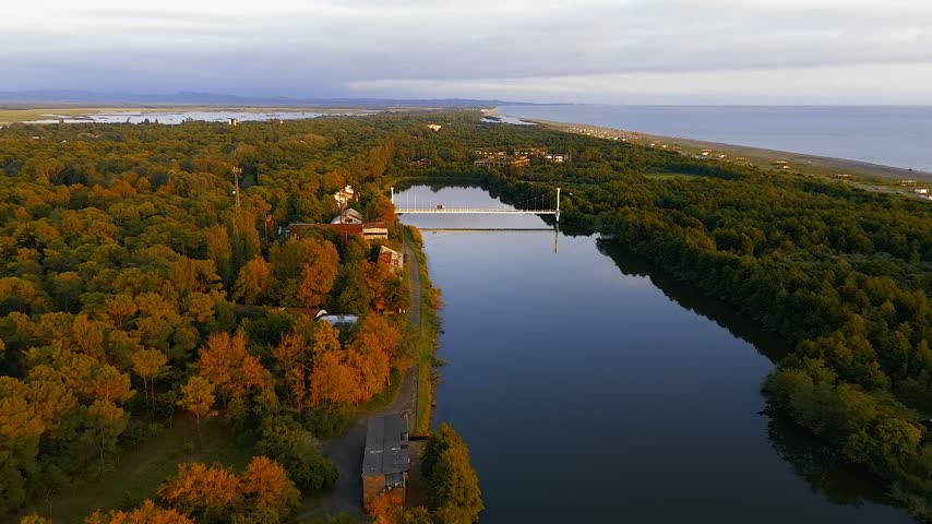High-altitude drone shot capturing the iconic suspension pedestrian bridge over the river channel at Maltakva Park in Poti, Georgia. The video showcases lush green pine forest, calm river waters reflecting the sky, coastline of the Black Sea, and scenic autumn landscape at sunset. Perfect for travel, nature, aerial videography, and regional tourism projects.
