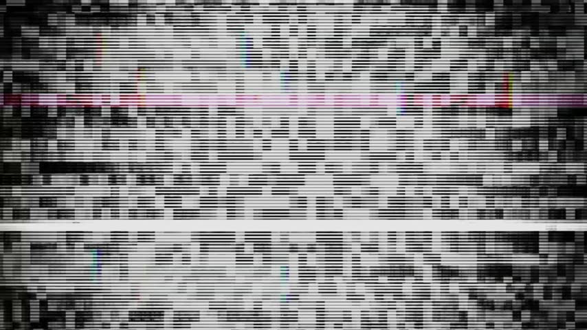 A textured background featuring digital signal interference (glitch) effects and monochrome television static.