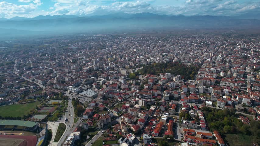 Aerial view around the city and old town Karditsa  on a sunny day in Greece