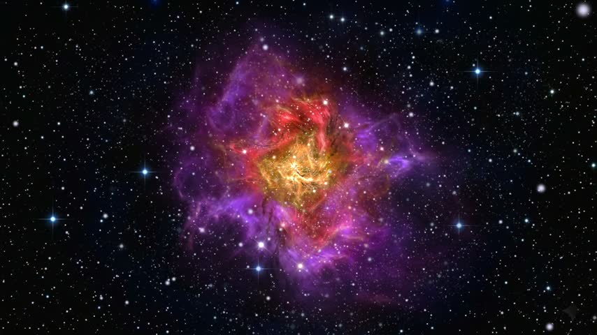 A mystically glowing red and purple nebula and the stars of a galaxy.