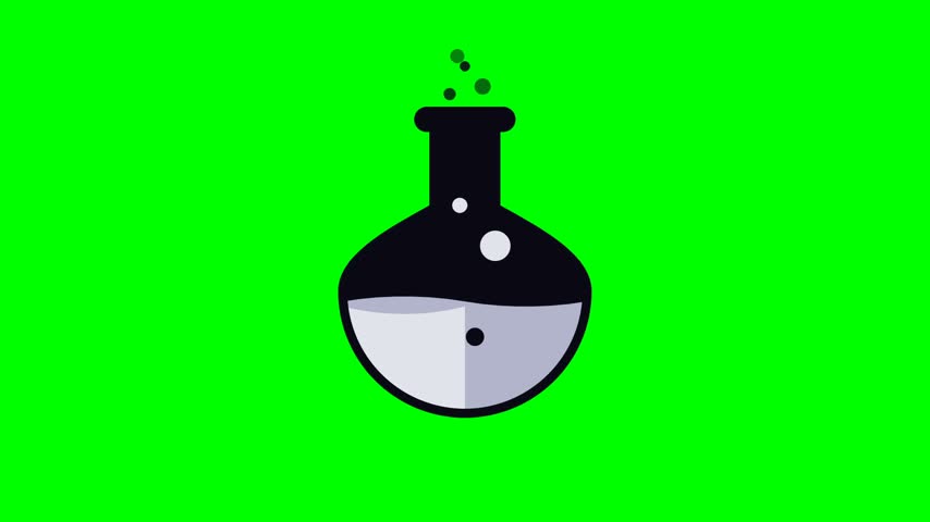 A minimalist two dimensional vector graphic features a classic laboratory beaker centered against a vivid chromatic green backdrop. Inside the vessel monochrome liquid gently boils as tiny circular bubbles rise upward through the dark fluid and escape past the narrow neck. The clean style utilizes bold outlines and stark contrast to emphasize the scientific experiment animation.