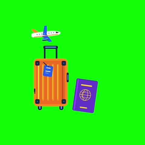 Animated luggage passport airplane and booking ticket represent flight travel planning on a bright green chroma key background