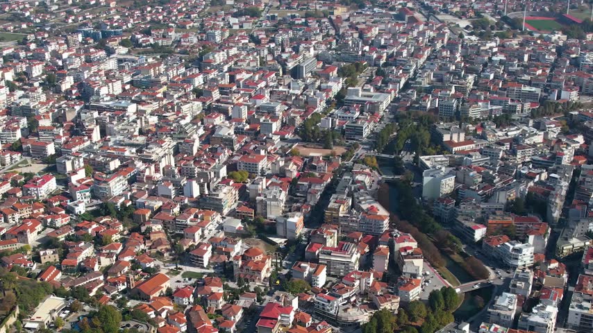 Aerial view of the city Trikala in Greece on a overcast day in autumn