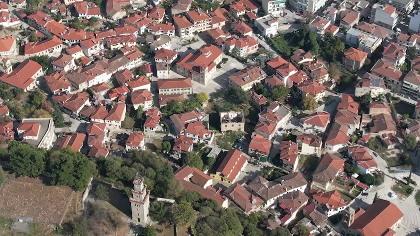 Aerial view of the city Trikala in Greece on a overcast day in autumn