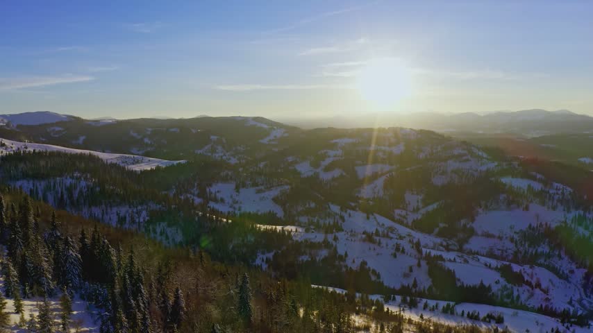 High snowy mountain covered with evergreen fir trees on a sunny cold day