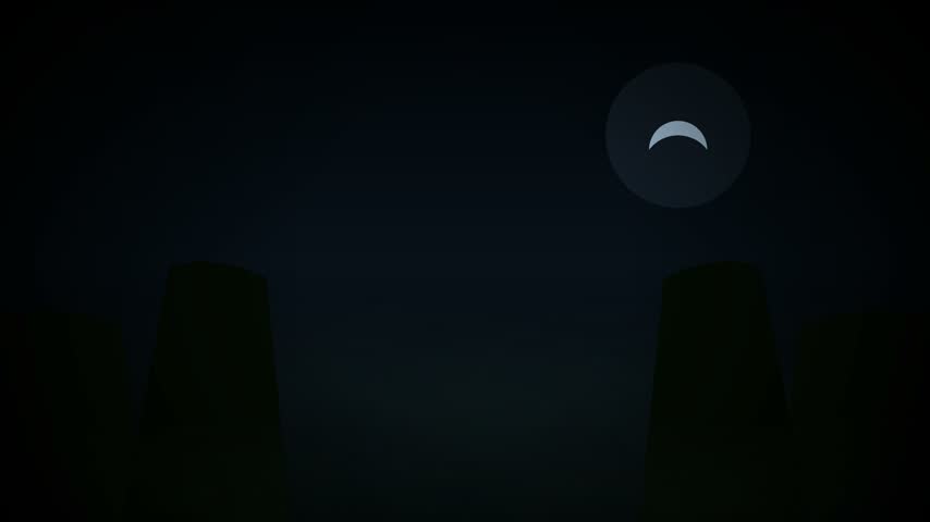 A dark silhouette of a corn maze under a crescent moon at night.