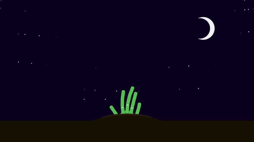 A green zombie hand rising from the ground under a crescent moon at night.