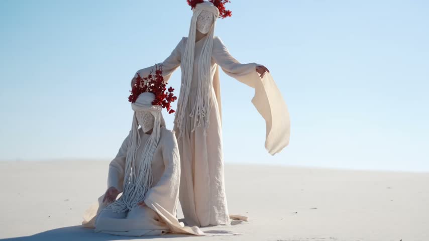 Surreal conceptual performance featuring two figures in white costumes with red floral headpieces dancing together on desert sand landscape under blue sky. Surreal mystical modern art performance.