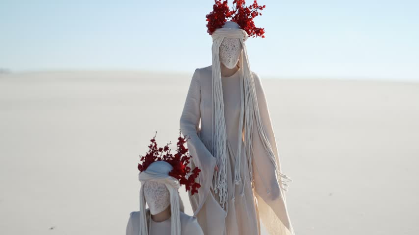 Surreal conceptual performance with two figures in white costumes and floral headpieces dancing together on desert sand landscape under blue sky. Surreal mystical modern art performance. Close-up.