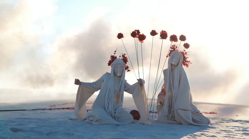 Surreal performance art featuring two dancing figures in white costumes with red floral headpieces kneeling near red roses on stems and smoke in desert. Mystical modern art performance.