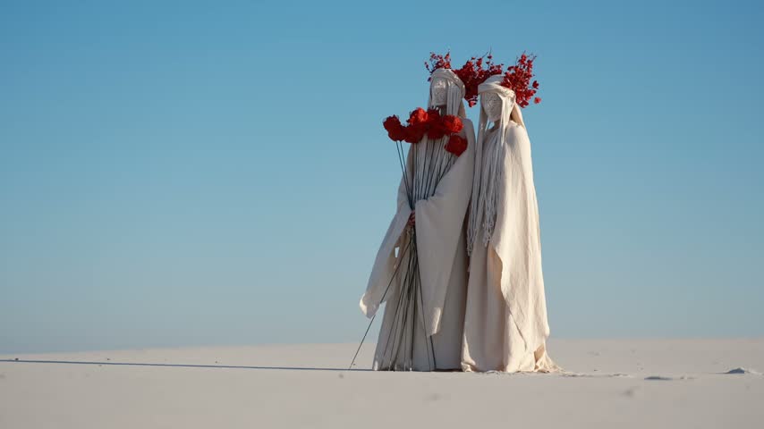 Surreal performance art with two mysterious figures in white costumes, lace face coverings and red floral headpieces holding red roses standing on sand landscape. Mystical modern art performance.
