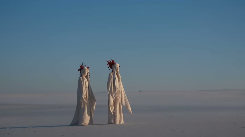 Surreal performance art with two mysterious figures in white costumes, lace face coverings and red floral headpieces walking on desert sand landscape under blue sky. Mystical modern art performance.