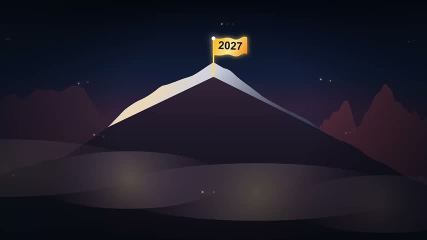 Peak with a 2027 flag at night