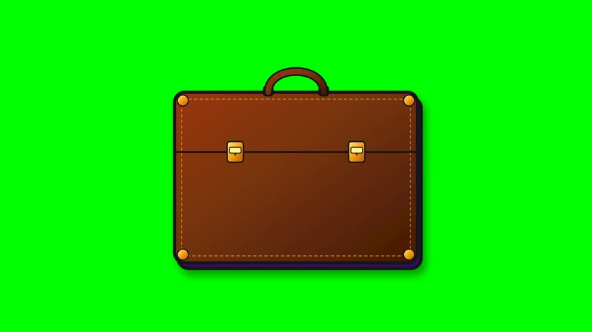 A 2D vector animation featuring a professional brown leather briefcase appearing on a green screen. The case opens to reveal documents and financial papers, showcasing a top confidential stamp in a smooth motion graphics loop.