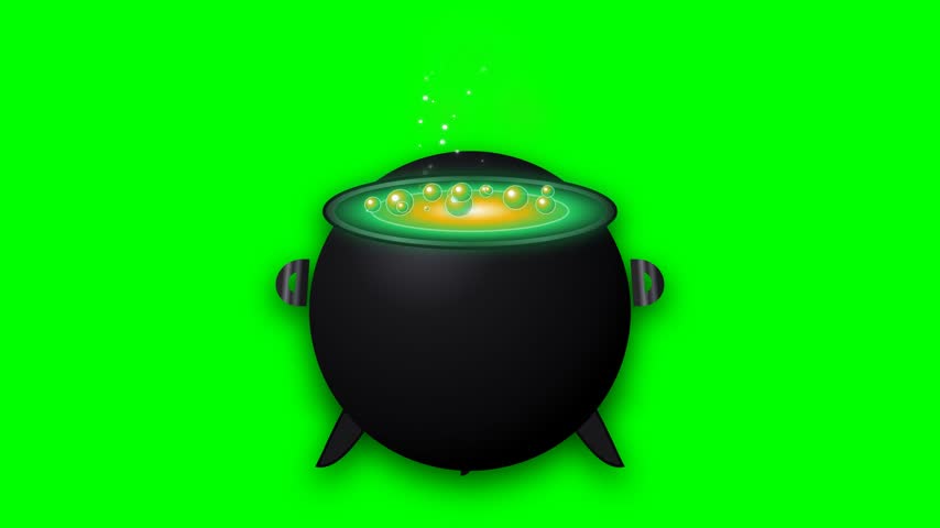 A magical witch cauldron overflows with a bubbling green potion emitting a mystical glow and ethereal sparks. Perfect for Halloween or fantasy themes.