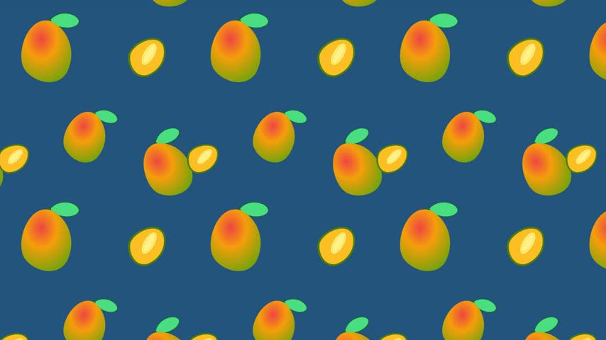 A vibrant and playful seamless motion graphic pattern featuring stylized mango fruits and slices drifting across a deep blue background. The looping animation displays colorful tropical motifs with a flat design aesthetic, creating an engaging visual texture suitable for commercial food branding, culinary websites, social media content, and creative advertising projects that require a fresh, energetic, and healthy tropical theme.